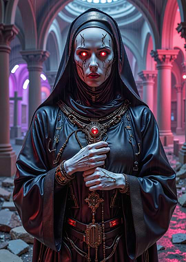 Cyberpunk Horror Nun with Glowing Red Eyes