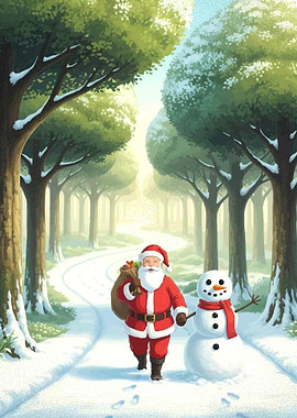 Santa and Snowman in Winter Forest