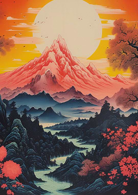 Japanese Landscape with Mountain and River