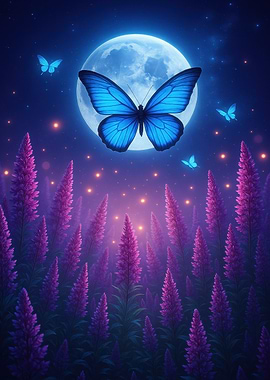Blue Butterfly and Moonlit Lavender Field