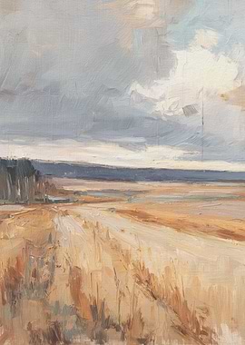 Impressionistic Landscape Painting with Cloudy Sky