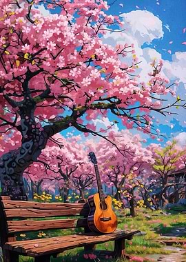 Guitar on bench under cherry blossoms