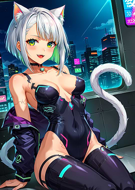 Anime Catgirl in Cyberpunk Cityscape