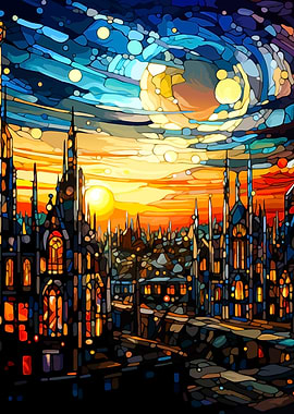 Stained Glass Cityscape at Sunset