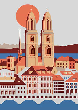 Zurich cityscape illustration with Grossmünster church