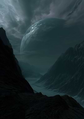 Dark Mountain Valley with Planet