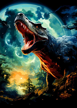 Tyrannosaurus Rex Roaring Under Moonlight