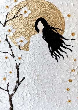 Abstract Woman with Flowers and Golden Sun