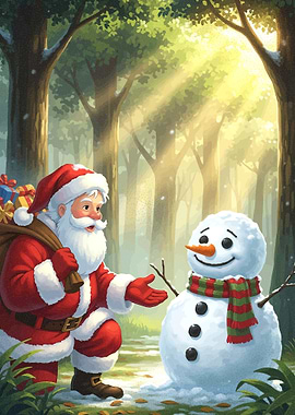 Santa Claus and Snowman in Forest