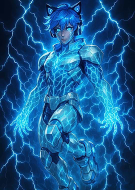 Electric Blue Anime Character with Cat Ears