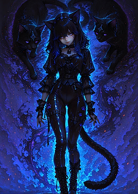 Anime Cat Girl with Black Cats