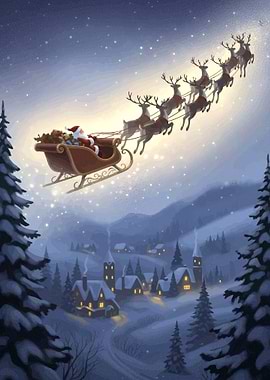 Santa's Sleigh Over Snowy Village