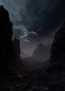 Dark Alien Landscape with Multiple Moons