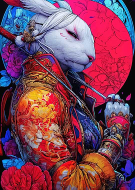 Rabbit Samurai with Sword and Flowers