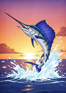 Cartoon Marlin Jumping Sunset