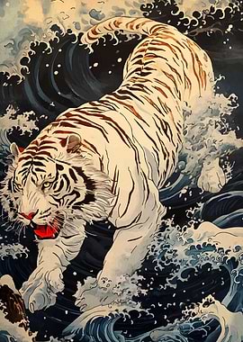 White Tiger in Ocean Waves Art