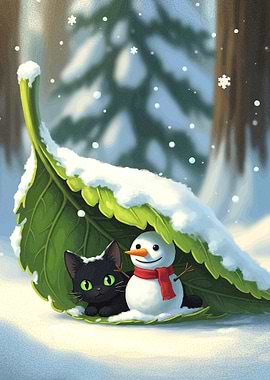 Winter scene with cat and snowman