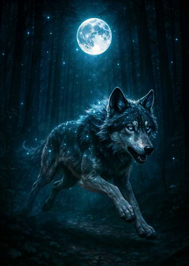 Celestial Wolf Running Under the Moonlight in a Starry Forest