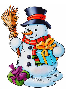 Cartoon Snowman with Gifts and Broom
