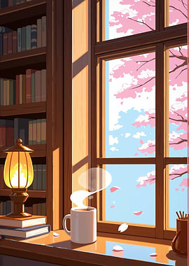 Anime Landscape Cozy Room with Cherry Blossom Sakura View
