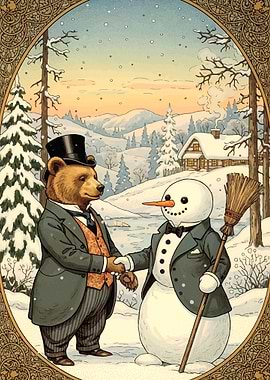 Bear and Snowman Handshake in Winter