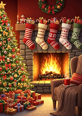 Cozy Christmas Fireplace Scene with Tree