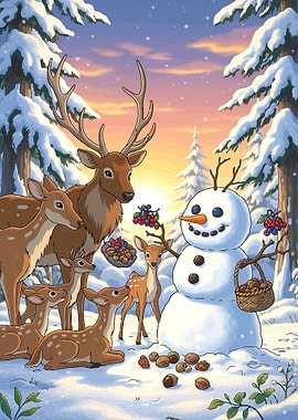 Deer and Snowman in Winter Forest