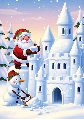 Santa Snowman Building Snow Castle
