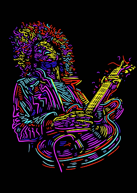 Colorful Guitarist Line Art on Black