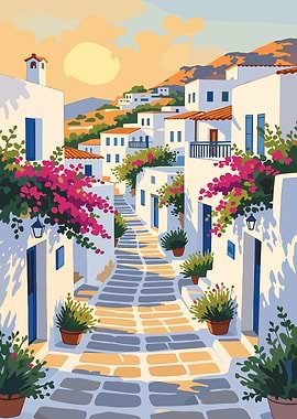 Greek Village Street Scene Illustration