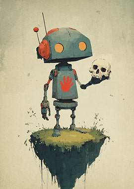Robot Holding Skull on Floating Island