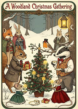 Woodland Christmas Gathering with Animal Characters