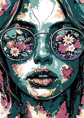 Floral Reflections: Woman with Flower-Filled Glasses