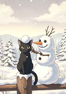 Black Cat and Snowman in Winter