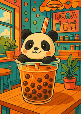 Panda in Boba Tea Cup Illustration Art