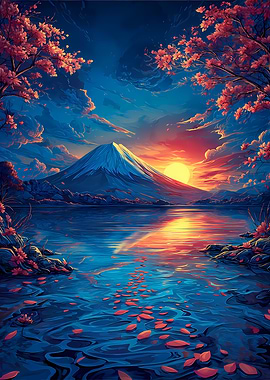 Mount Fuji Sunset With Cherry in MabroGlow Style