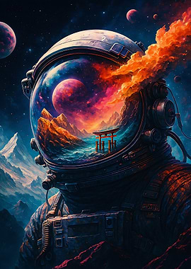 Astronaut Helmet Reflecting Landscape and Space