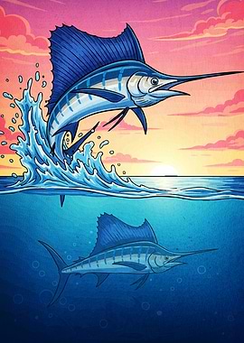 Marlin Fish Leaping Sunset