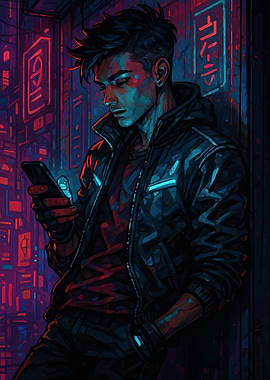 Cyberpunk Man with Phone in Neon City