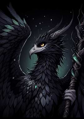 Dark Feathered Creature with Staff