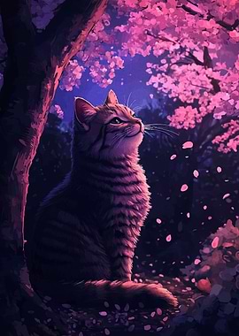 Cat under Cherry Blossom Tree