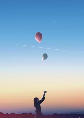 Girl Reaching for Balloons in Sky