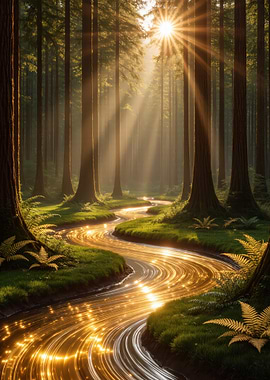 Golden River Through Forest