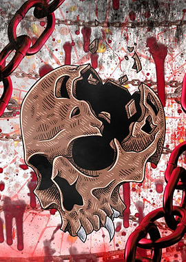 Cracked Skull with Chains and Blood