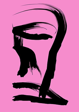 Abstract Face in Black Brush Strokes on Pink Background