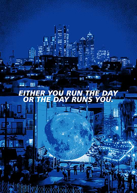 Blue Cityscape with Moon and Quote