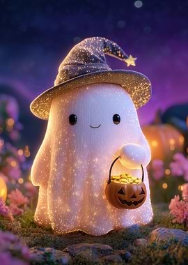 Cute Halloween Ghost with Pumpkin Basket