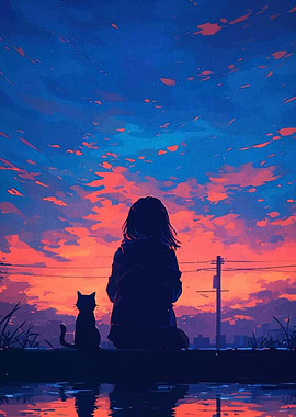 Girl and Cat at Sunset