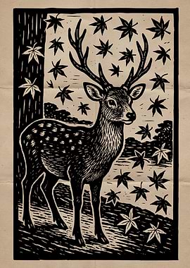 Deer and Maple Leaves Woodcut Print