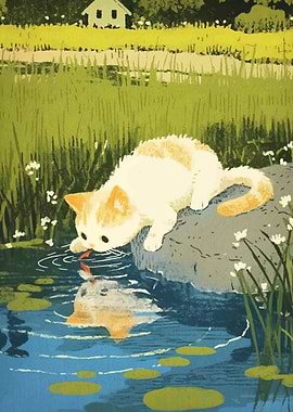 Cat drinking water from pond